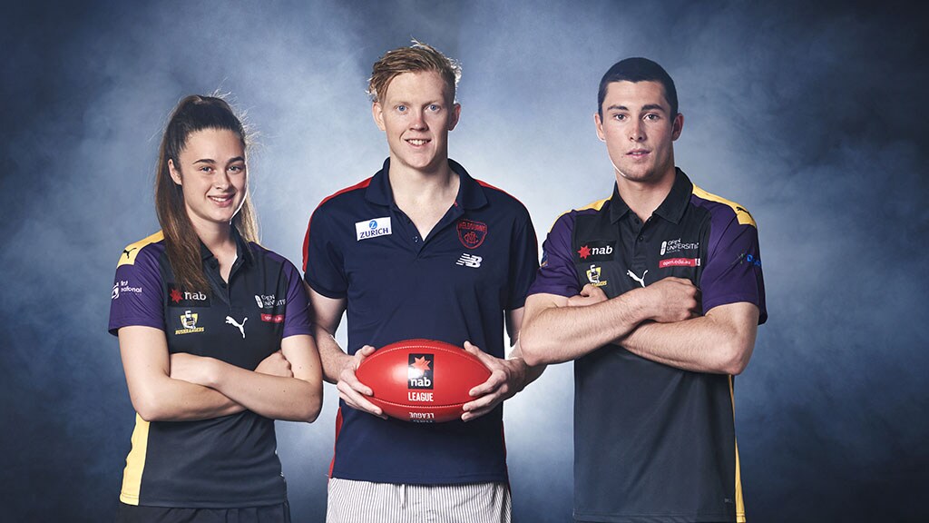 AFLLachyClaytonMill88372.jpg U18 players Millie Brown and Lachie Ash with Melbourne star Clayton Oliver at the NAB League launch - AFL,Under-18s,Road to the Draft,Draft